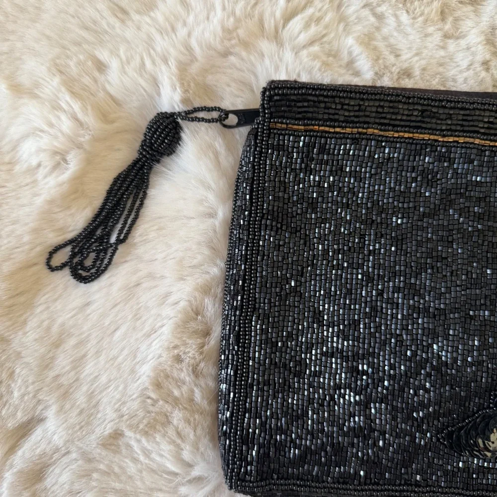 Vintage Black Beaded Clutch Evening Bag with‎ Floral Sequins Tassel